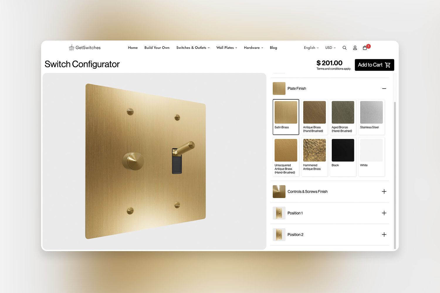 Satin brass switch plate shown in the GetSwitches switch configurator interface.