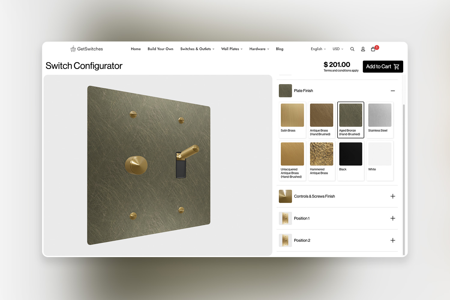 Aged bronze hand-brushed switch plate displayed in the configurator.