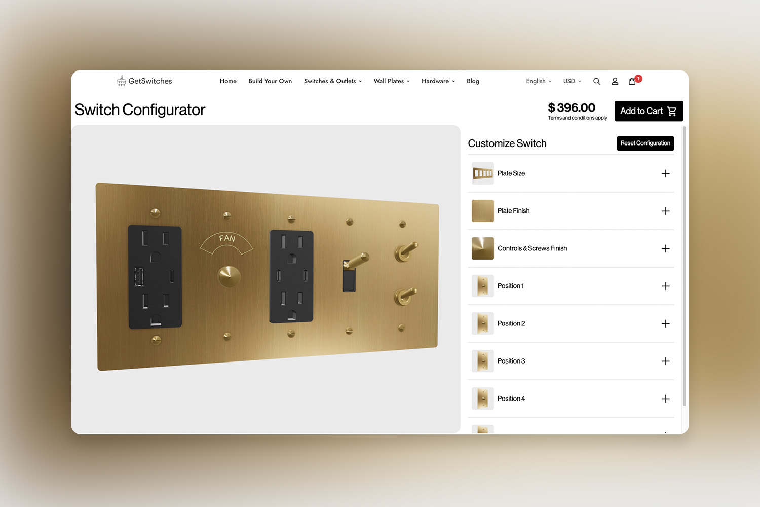 Multi-gang brass switch plate configuration with outlets and toggles.