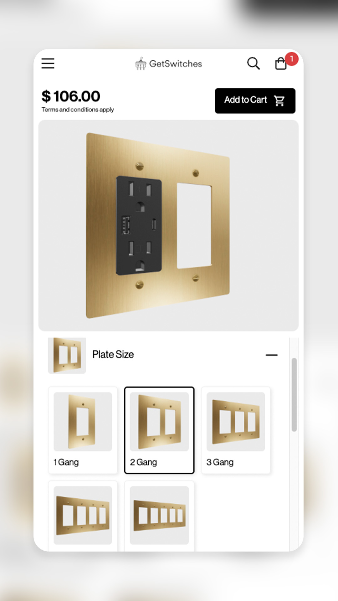 Mobile view showing a two-gang brass switch plate selection.