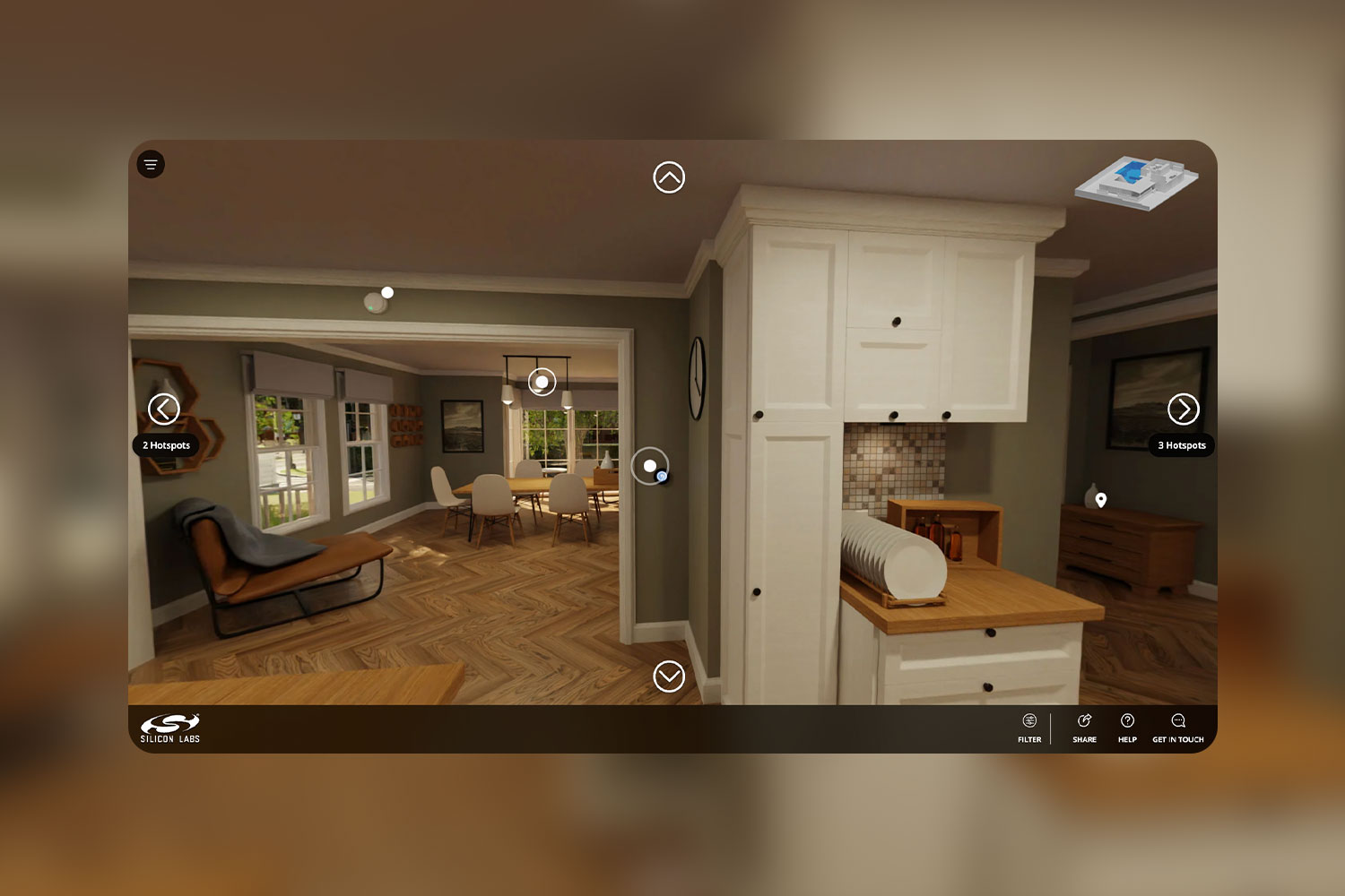 Silicon labs homes website 360 degree view of the living room and kitchen.